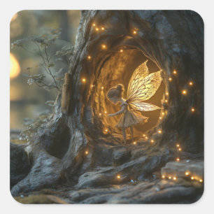 Whimsical image of a fairy in the hollow of a tree square sticker