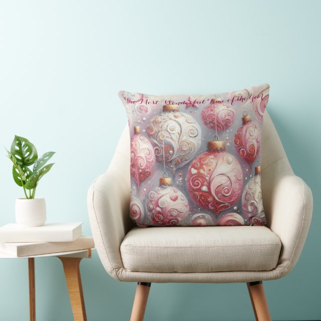 Whimsical Impressionistic Christmas Ornaments Pink Cushion (Chair)