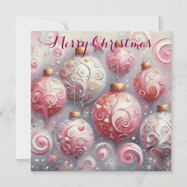 Whimsical Impressionistic Christmas Ornaments Pink Holiday Card (Front)