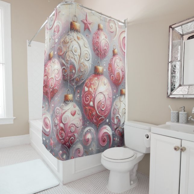 Whimsical Impressionistic Christmas Ornaments Pink Shower Curtain (In Situ)