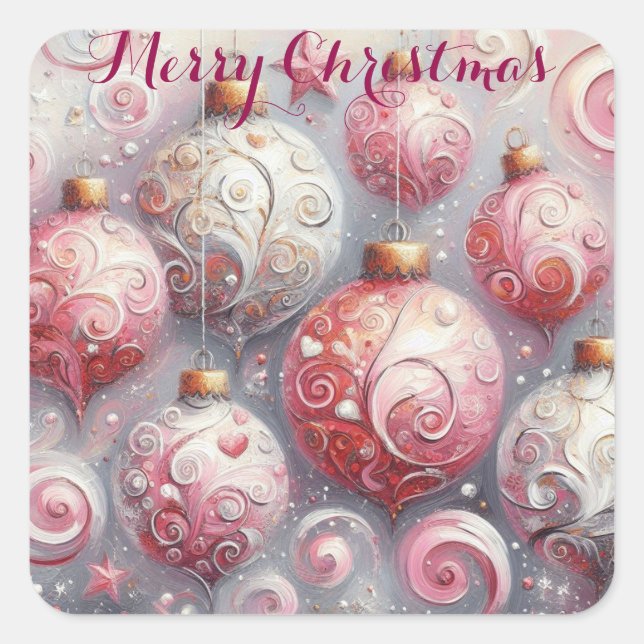 Whimsical Impressionistic Christmas Ornaments Pink Square Sticker (Front)
