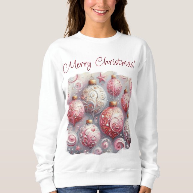 Whimsical Impressionistic Christmas Ornaments Pink Sweatshirt (Front)