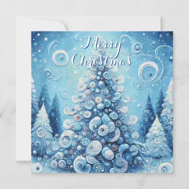 Whimsical Impressionistic Christmas Tree Blue Holiday Card (Front)