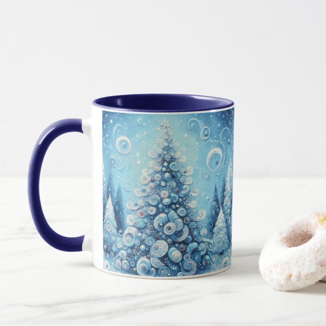Whimsical Impressionistic Christmas Tree Blue Mug (With Donut)