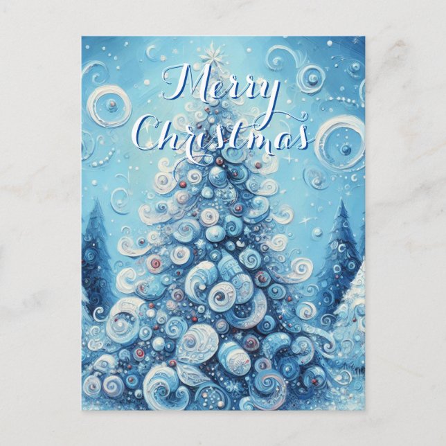 Whimsical Impressionistic Christmas Tree Blue Postcard (Front)