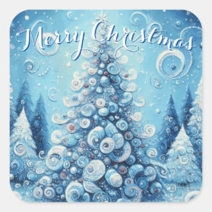 Whimsical Impressionistic Christmas Tree Blue Square Sticker