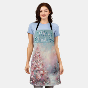 Whimsical Impressionistic Christmas Tree Pink Blue Apron