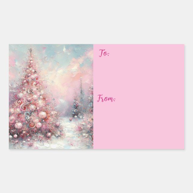 Whimsical Impressionistic Christmas Tree Pink Blue Rectangular Sticker (Front)