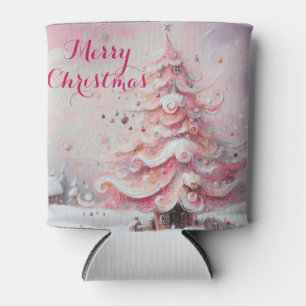 Whimsical Impressionistic Christmas Tree Pink Can Cooler