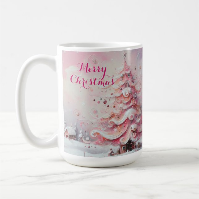 Whimsical Impressionistic Christmas Tree Pink Coffee Mug (Left)