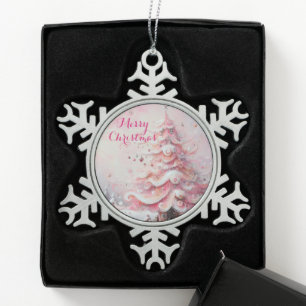 Whimsical Impressionistic Christmas Tree Pink Snowflake Pewter Christmas Ornament