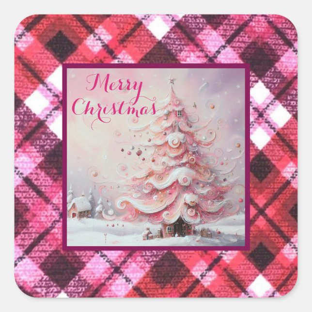 Whimsical Impressionistic Christmas Tree Pink Square Sticker (Front)
