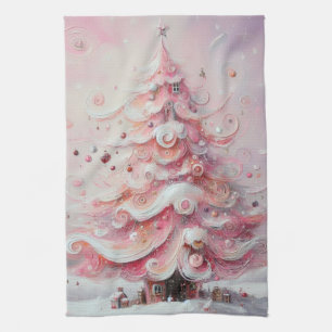 Whimsical Impressionistic Christmas Tree Pink Tea Towel