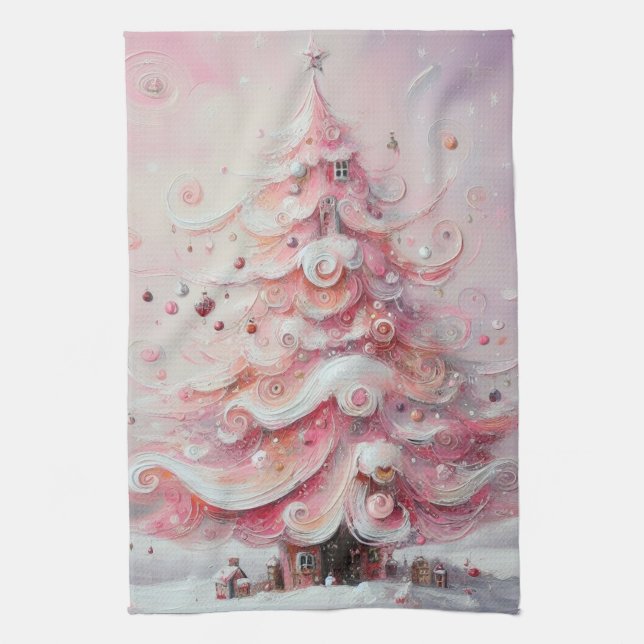 Whimsical Impressionistic Christmas Tree Pink Tea Towel (Vertical)