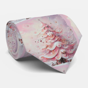 Whimsical Impressionistic Christmas Tree Pink Tie