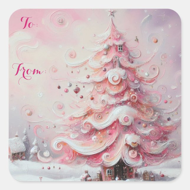Whimsical Impressionistic Christmas Tree To From Square Sticker (Front)
