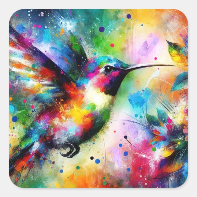 Whimsical Impressionistic Colourful Hummingbird Square Sticker (Front)