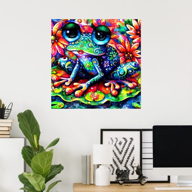 Whimsical Impressionistic Floral Frog Green Blue Poster (Home Office)