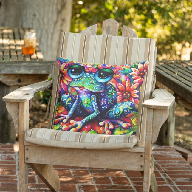 Whimsical Impressionistic Floral Frog Painting Cushion (Chair)