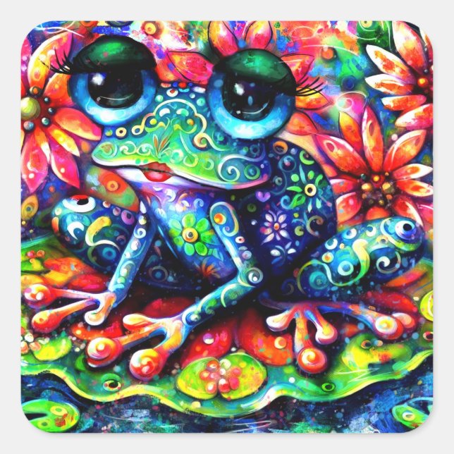 Whimsical Impressionistic Floral Frog Painting Square Sticker (Front)