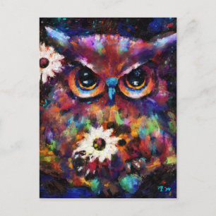 Whimsical Impressionistic Floral Owl Painting Postcard