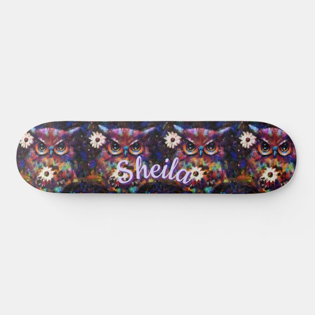 Whimsical Impressionistic Floral Owl Personalised Skateboard (Horz)