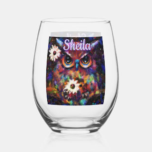 Whimsical Impressionistic Floral Owl Personalised Stemless Wine Glass