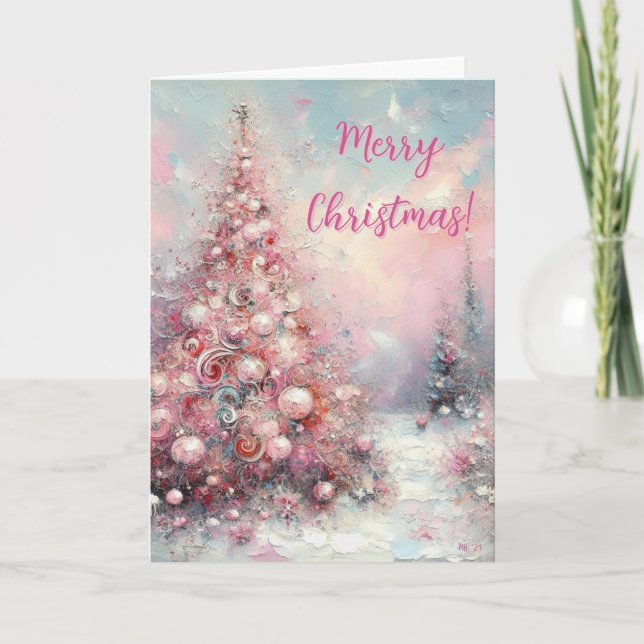 Whimsical Impressionistic Pink Christmas Tree  Holiday Card (Front)