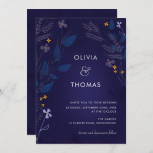 Whimsical Indigo Honey Illustration Flora Wedding Invitation