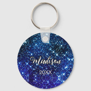 Whimsical iridescent blue Glitter monogram Key Ring