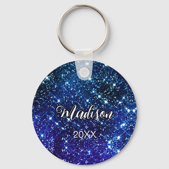Whimsical iridescent blue Glitter monogram Key Ring (Front)