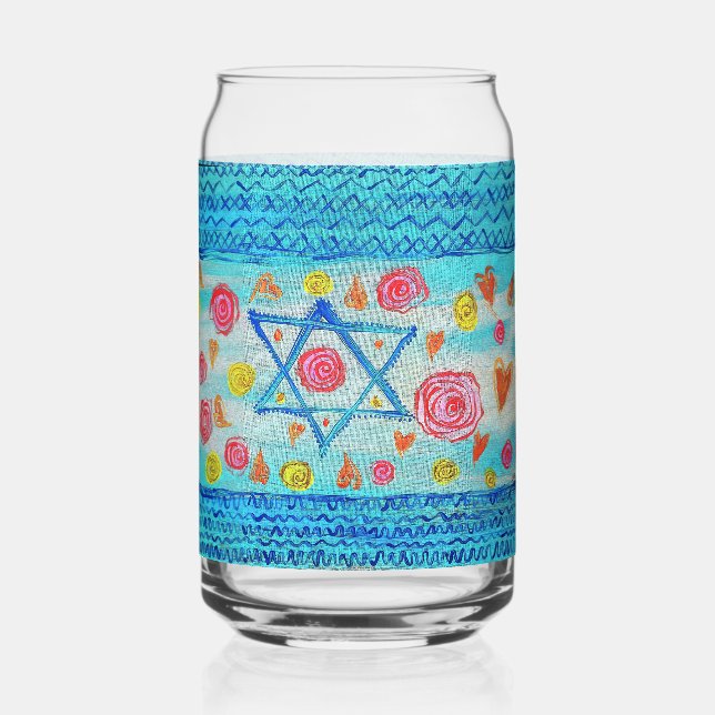 Whimsical Israeli flag glass with flowers & hearts (Front)