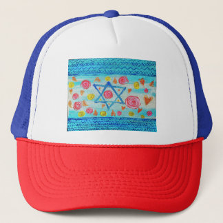 Whimsical Israeli flag hat with flowers & hearts