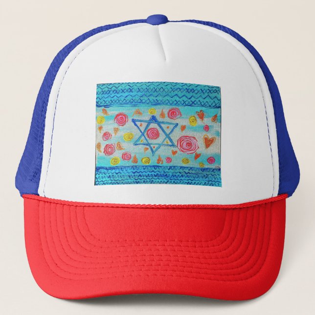 Whimsical Israeli flag hat with flowers & hearts (Front)