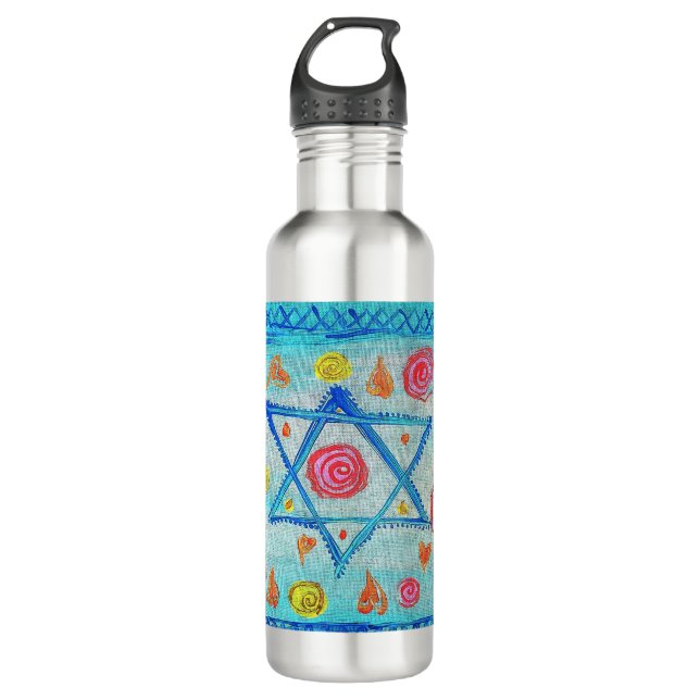 Whimsical Israeli flag with flowers & hearts 710 Ml Water Bottle (Front)