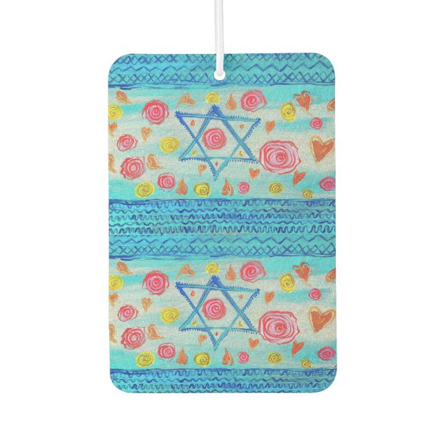 Whimsical Israeli flag with flowers & hearts Car Air Freshener (Front)