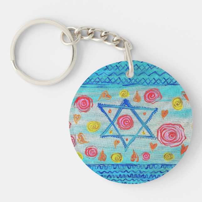Whimsical Israeli flag with flowers & hearts Key Ring (Front)