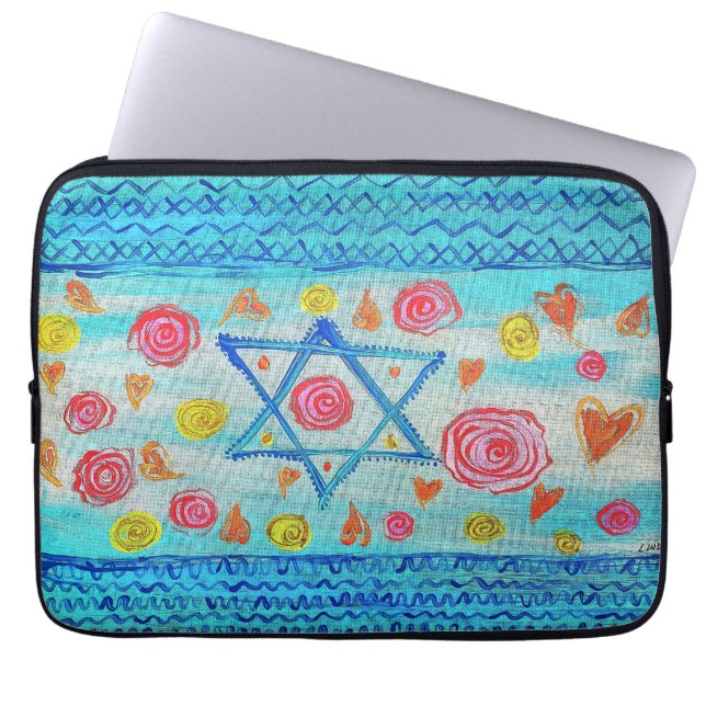 Whimsical Israeli flag with flowers & hearts Laptop Sleeve (Front)