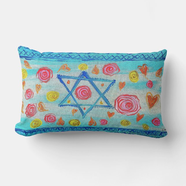 Whimsical Israeli flag with flowers & hearts Lumbar Cushion (Front)