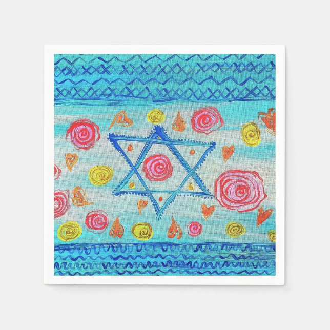 Whimsical Israeli flag with flowers & hearts Napkin (Front)