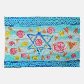 Whimsical Israeli flag with flowers & hearts Tea Towel