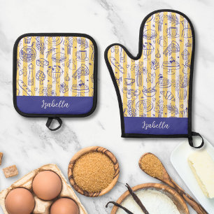 Whimsical Italian Food Illustration Yellow Stripes Oven Mitt & Pot Holder Set