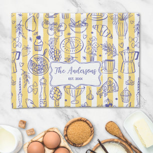Whimsical Italian Food Illustration Yellow Stripes Tea Towel