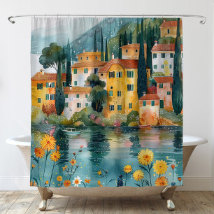Whimsical Italian Lakeside Village Art Shower Curtain