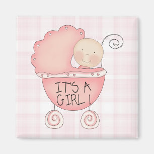 Whimsical It's a Girl! Pink Baby Buggy Magnet