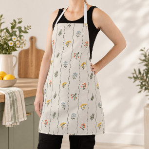 Whimsical Ivory Wildflower Floral Wavy Stripe Apron