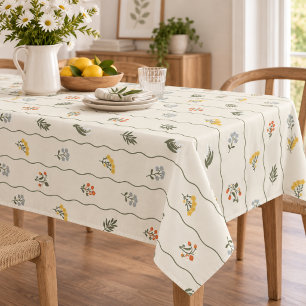 Whimsical Ivory Wildflower Floral Wavy Stripe Tablecloth