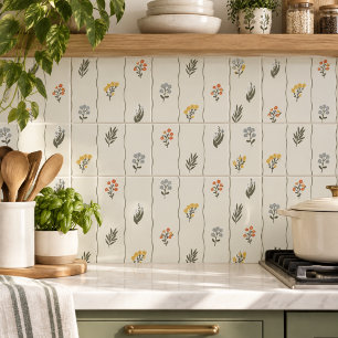 Whimsical Ivory Wildflower Floral Wavy Stripe Tile