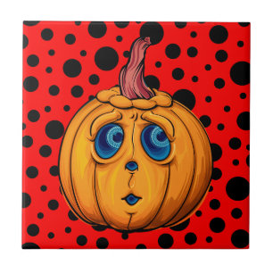 Whimsical Jack-o'-Lantern on Red & Black Polka Dot Tile