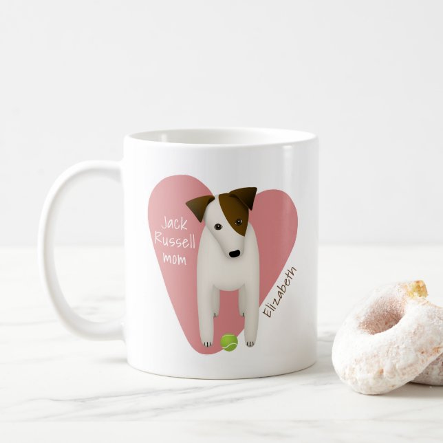 whimsical Jack Russell mum pink heart tennis ball Coffee Mug (With Donut)